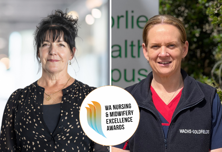 A composite image of two women with a logo overlay that reads WA Nursing and Midwifery Excellence Awards