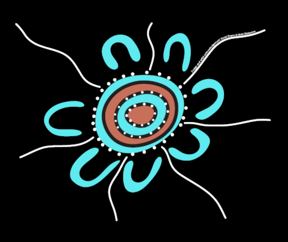 Artwork depicting a symbol with light blue and brown rings with white accents over a black background. Artist: Violet Evans