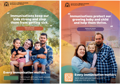 Two colourful campaign posters depicting families with young children with slogan 'every immunisation matters'.