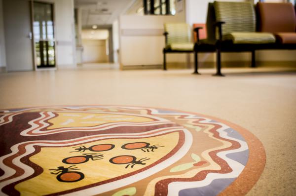Aboriginal artwork on flooring inside Kalgoorlie Health Campus.