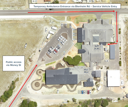An aerial map showing access points for the Dongara Health Centre