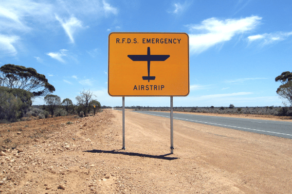 Roadside sign for Royal Flying Doctor Service airstrip