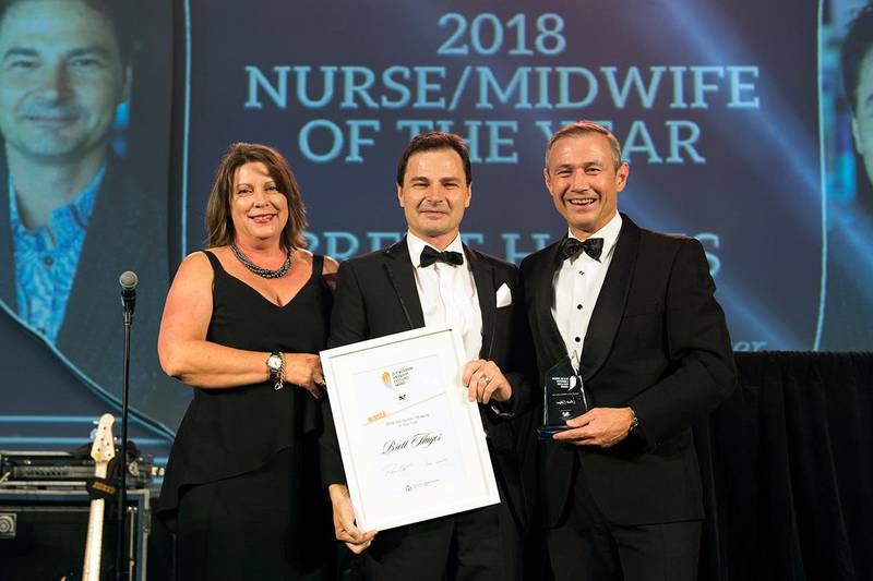 Pictured: WANMEA Nurse of the year winner Brett Hayes with the Minister for Health Roger Cook and Ms Meredith Walker from the WA Nurses Memorial Charitable Trust.