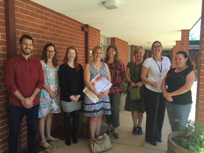 Left to right; Joel Fuller (Architect from Iredale Pedersen Hook), Donna Jasper (Art Committee community representative), Grace Miller (BMW Project Manager), Jennifer Hopewell (successful artist), Nicole Harwood (Hospital Services Manager Cunderdin Health Centre), Alison Barrett (BMW Art Coordinator), Emma Birch (WACHS Project officer) Carmen Reynolds (Art committee community representative).