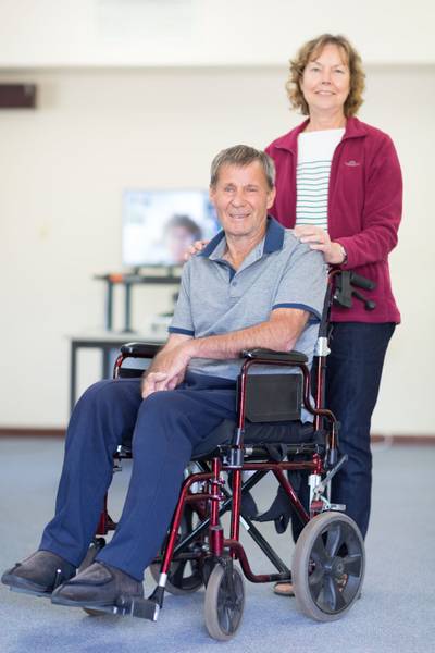 Bill and Jenny Flavel in the telehealth room at Narrogin Health Service, where they ‘meet’ regularly with Bill’s neurosurgeon in Perth.