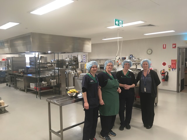 Food service staff in the refurbished kitchen. Left to right: Food Service Attendant Jaimi-Lee Stucke, Cook Amanda Donavon, Leading Hand Food Service Attendant Janice Johnstone, Support Services Coordinator Angie Clark.