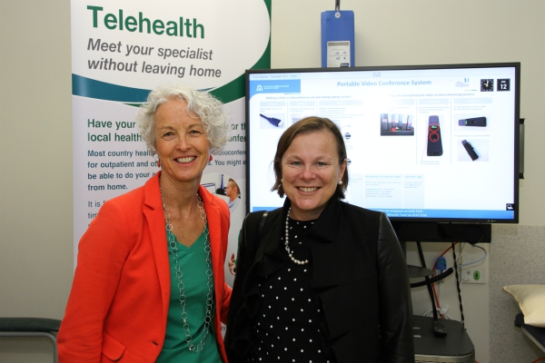 Plastics and Burn surgeon Professor Fiona Wood helps WA Country Health Service Chief Operating Officer Strategy and Reform Melissa Vernon launch Telehealth Awareness Week at Fiona Stanley Hospital.