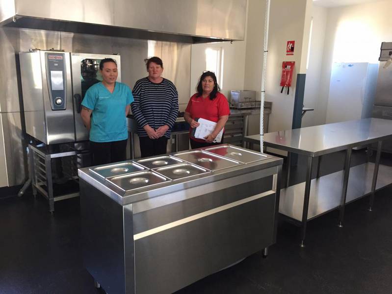 Left to right: Patient Care Assistant Jenelle Coulthard, Hotel Services Supervisor Janine Coulthard and Patient Care Assistant Shauna Doyle in the newly refurbished kitchen.