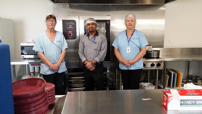 Staff show off the new kitchen built as part of the Wyalkatchem-Koorda Health Service redevelopment. Left to right; cook Chris Richardson, Health Service Manager Subin Daniel and kitchen assistant Therese Ryan.