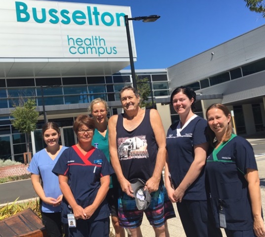 Patient Bob Shaw centre, surrounded by some of the staff involved in his care; (l-r) Billie Corrigan, Sarah Munachen, Kylie Douglas, Bob Shaw, Rheanna Taylor, Jess Stirzaker
