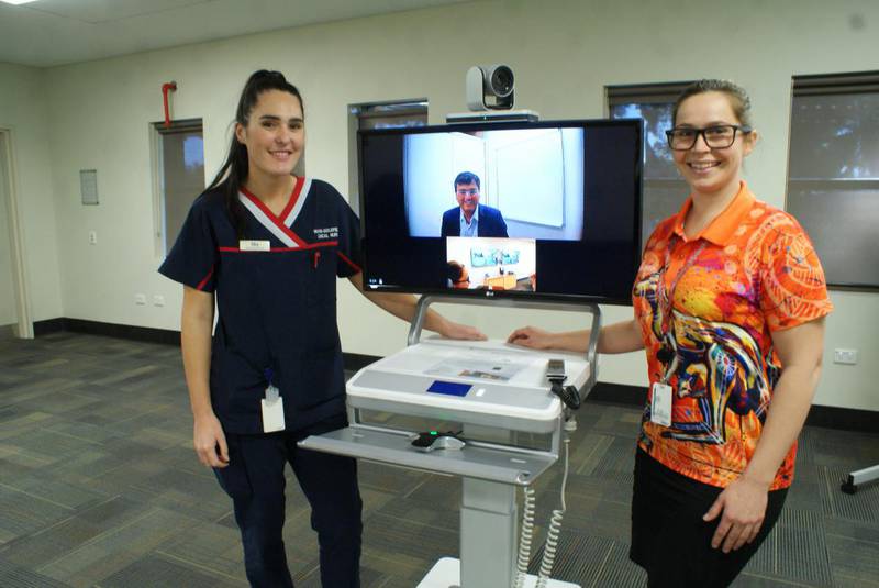 L-R: Sky Peterson: Kalgoorlie Health Campus Acute TeleStroke Project Officer and A/CN, Dr Darshan Ghia (on telecart): Consultant Neurologist, Fiona Stanley Hospital, Rochelle Harling: Goldfields Regional Stroke and Subacute Care Coordinator.