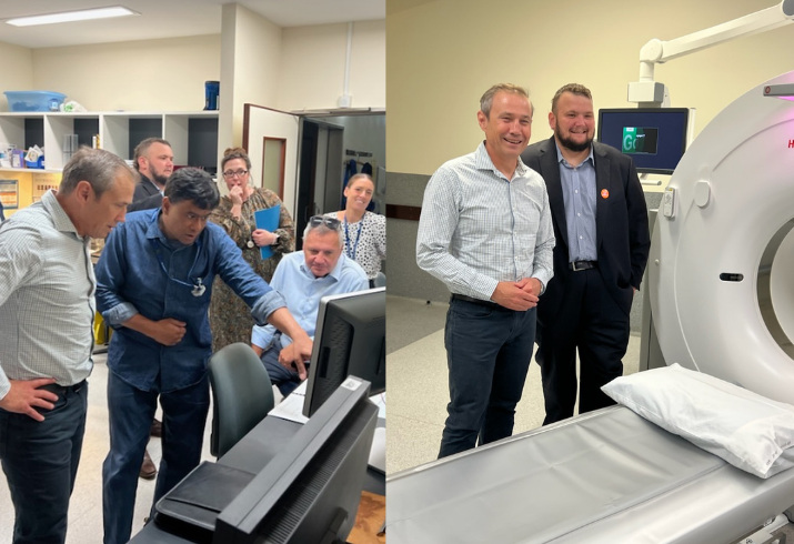 Health Minister Roger Cook and WACHS Board Chair Dr Neale Fong are shown the new CT scanner at Carnarvon Health Campus. In a second photo, Health Minister Roger COok and Mining and Pastoral Region MLC Kyle McGinn stand beside the new CT scanner.