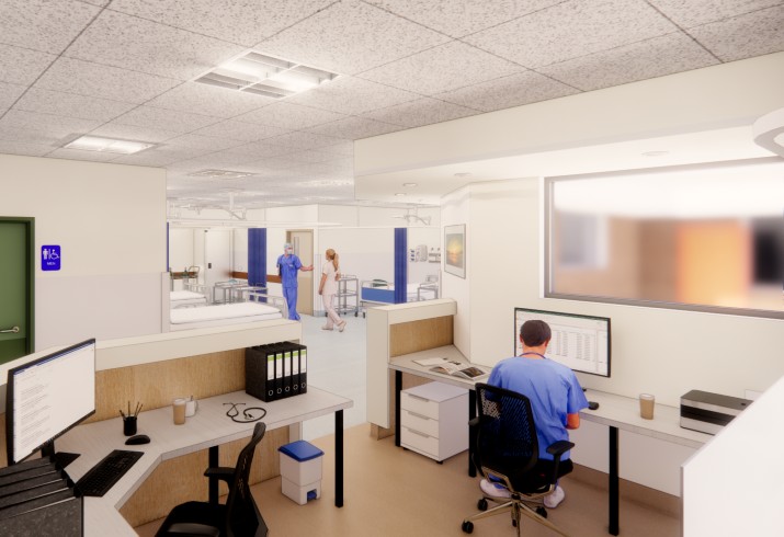 Artists rendering of administration area of ward with clinicians at computers