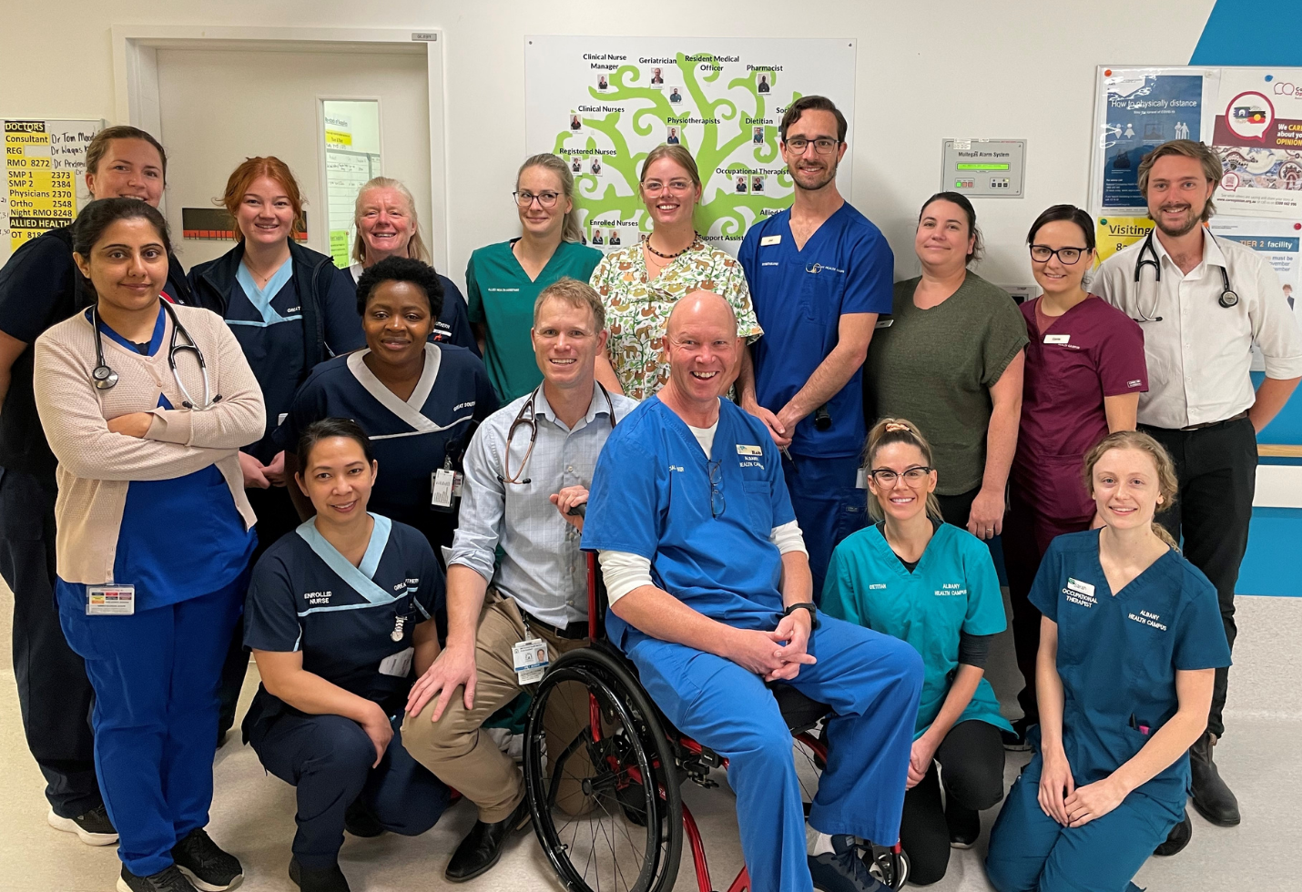 A group photo of staff members from various disciplines who make up the Albany Health Campus Rehabilitation team.