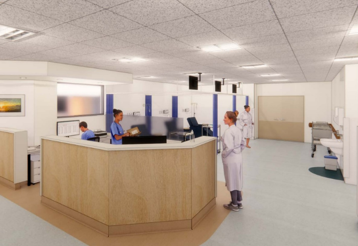 An artist's rendering of what the completed Collie Health Srvice redevelopment will look like with various characters as stand-ins for health professionals around a large workstation.