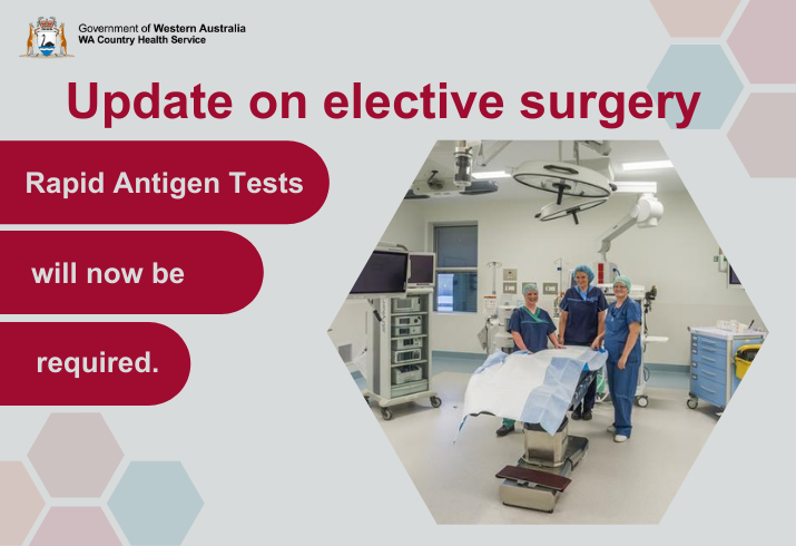 Graphic featuring three nurses in an operating theatre with the title Rapid antigen tests will now be required for elective surgery