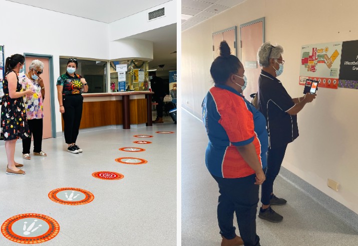 Floor decals lead to signage points at Northam Hospital with QR codes that activate videos with patient and cultural information 