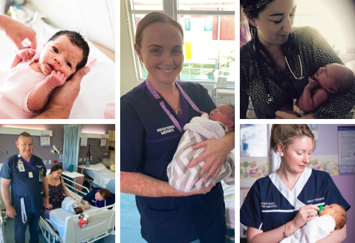 Collage of five photos of WACHS midwives in uniform holding newborns. 