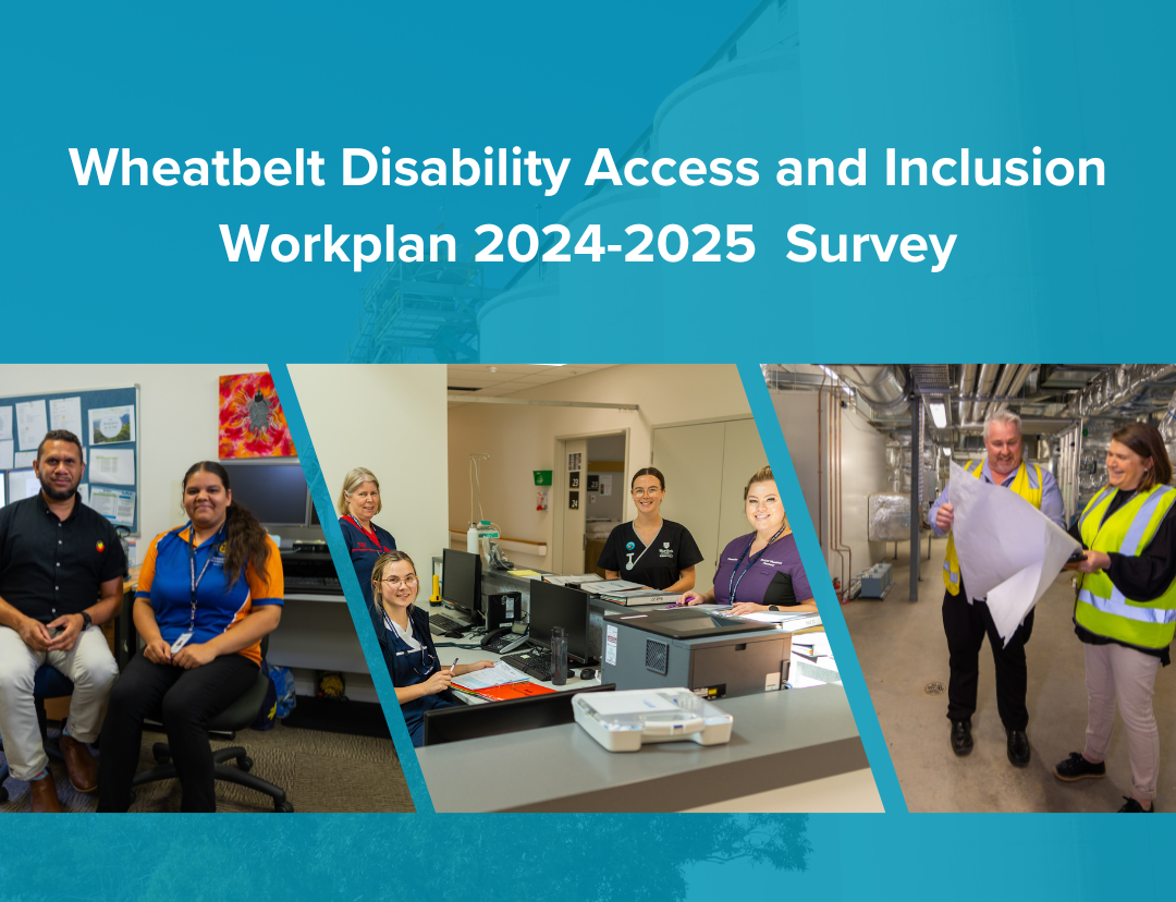A social media tile promoting the 2024-2025 Consumer and Staff Survey with inset photos of staff members in office, nursing and technical scenarios.