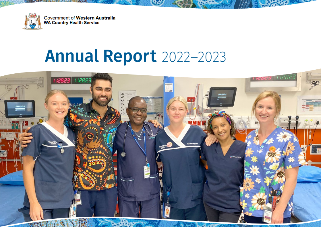 The cover image of the 2022-23 WACHS Annual Report depicting a group of clinical staff arm in arm, smiling