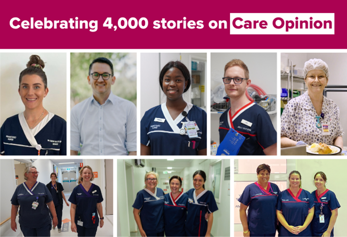 Celebrating 4000 stories on Care Opinion with various health care staff members smiling