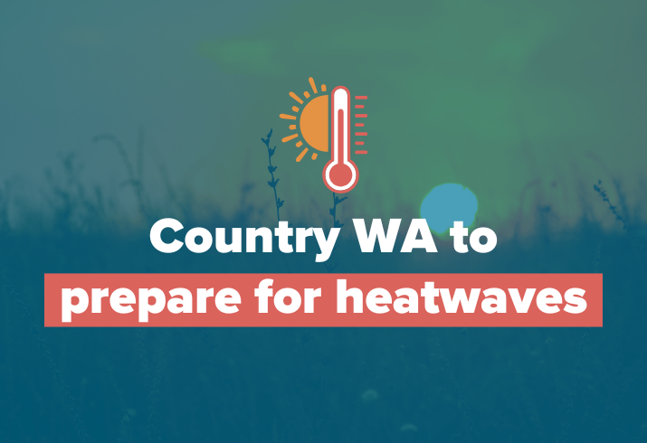 Graphic tile with text 'country WA to prepare for heatwaves' with an icon of a sun and thermometer.