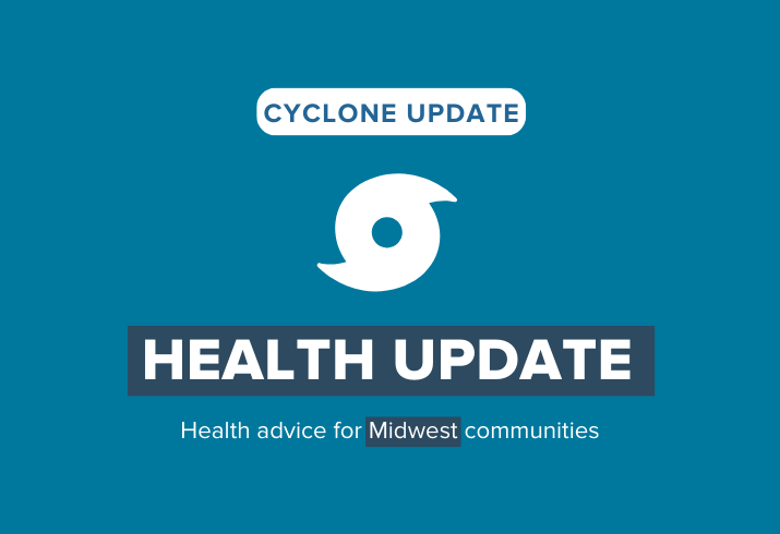 Graphic of cyclone on blue background. Text reads Health advice for Midwest communities. 