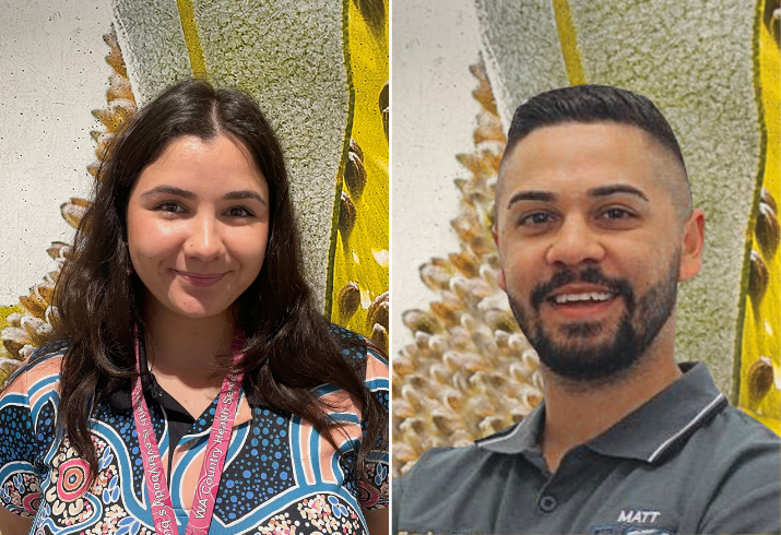 Side-by-side photos of two Graduate Officers smiling against a colourful mural background.