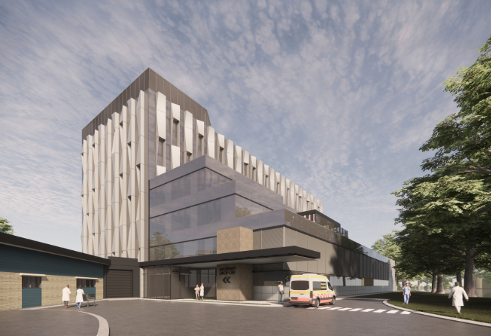 An artist's rendering of the new Bunbury Regional Hospital redevelopment showing a multi-level tower with trees on one side and a blue sky background.