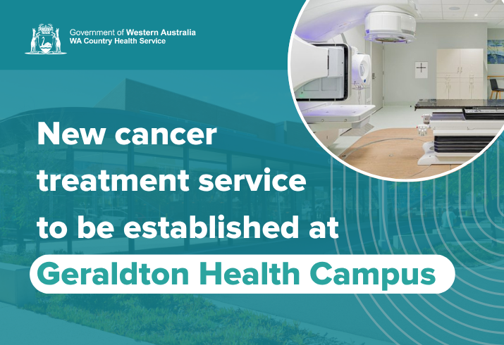 A tile with a picture of healthcare technology overlaid on a picture of Geraldton Health Campus with the text New cancer treatment  service to be established  at Geraldton Health Campus