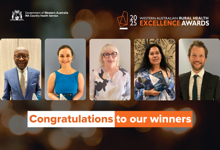 A tile celebrating the Rural Health Excellence Award winners features five people holding plaques and smiling