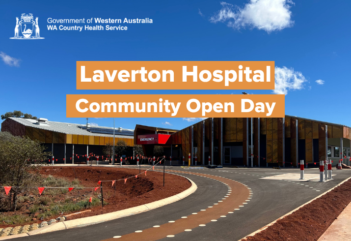 Laverton Hospital Community Open Day written over a picture of a recently completed hospital build on a bright sunny day