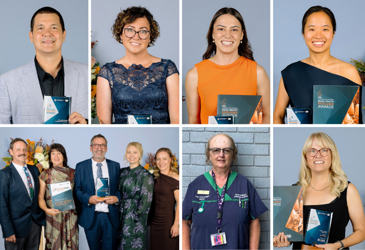 Collage of seven photos showing six individuals and one team of five holding their trophies.