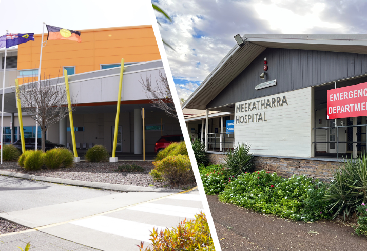 A split image showing the external front view of Albany Health Campus and Meekatharra Hospital