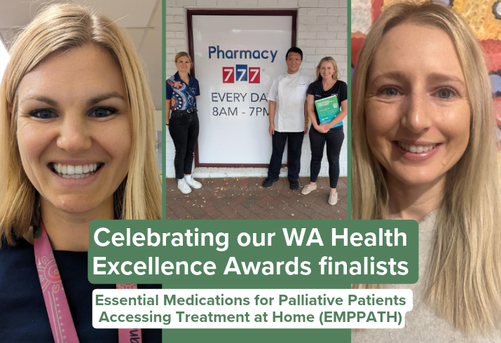 a panel shows two blonde haired women in portrait, both are smiling and a third image shows the two women with a man in pharmacy uniform standing out the front of a pharmacy