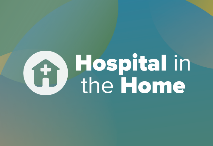 Hospital in the Home text with an icon of a house and health (plus) symbol on green and blue background