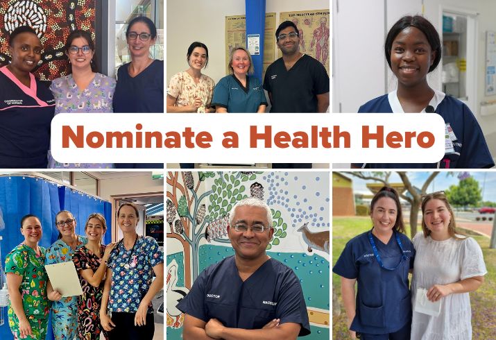 A collage image of health professionals in hospital and outdoor settings.