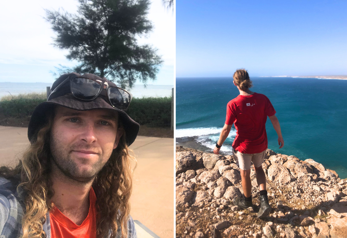 A two panel image shows a selfie of a young man with long hair and a slouch hat  beside a picture taken from behind of the same man standing on a rocky cliff edge overlooking the ocean