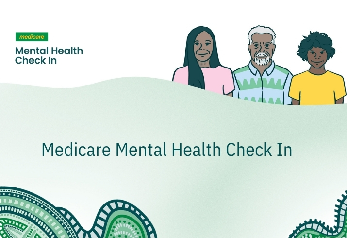 A graphic of three people with the words "Medicare Mental Health Check In' written underneath