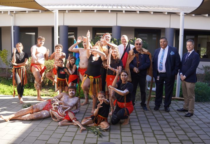 A group of people celebrating National NAIDOC Week 2026 including the Bigarrda Cultural Dance and Digeridoo Performers, WACHS Chief Operating Officer Remote Rob Pulsford, Noongar Elder Neville Collard, WACHS Director Aboriginal Health Strategy Russell Simpson and WACHS Chief Operating Officer Rural John Quinn 