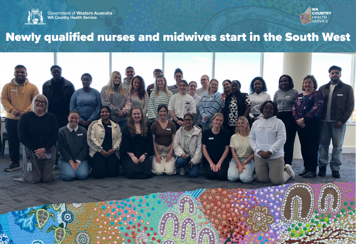 A large group of people in two rows, one kneeling the other standing with the title Newly qualified nurses and midwives start in the South West