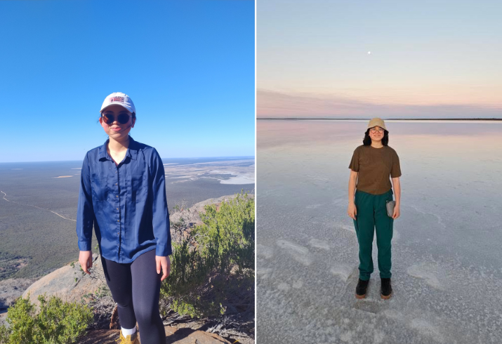 Left photo: woman in hiking gear standing at the top of a hill. Right photo: same woman standing in the middle of a vast salt lake.