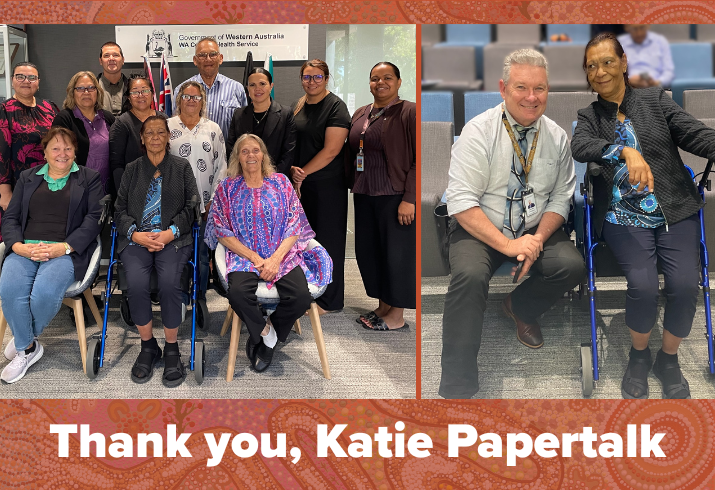 A tile that says Thank you Katie Papertalk, with two photos of an Aboriginal woman, seated on a walking aid, one with a smiling middel aged man, and one with a large group of smiling colleagues.