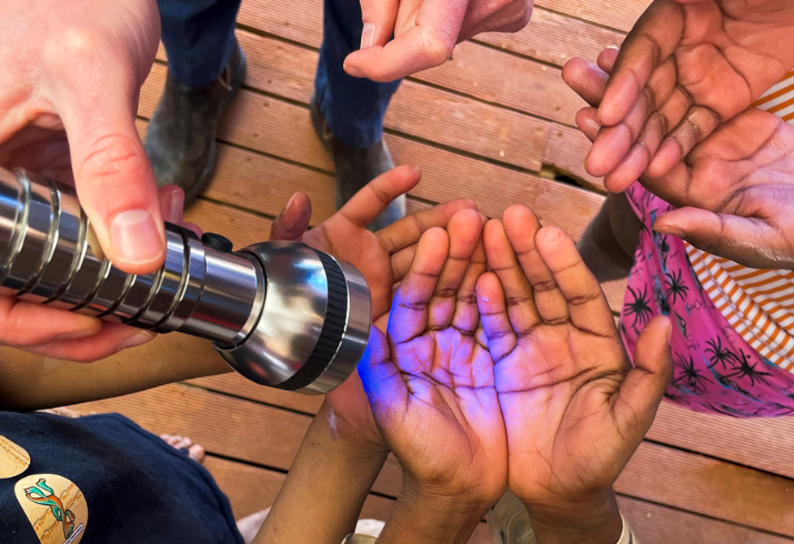 Hands of kids underneath a blue light torch.
