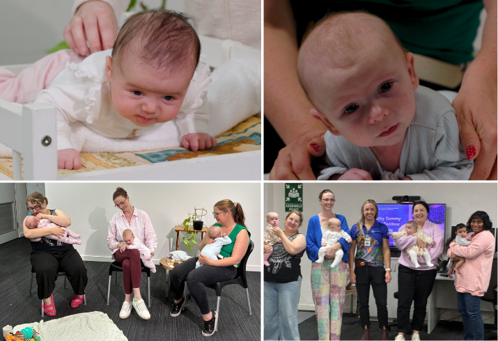 A composite image showing two very young babies, and a group of mothers with their babies in a group learning environment