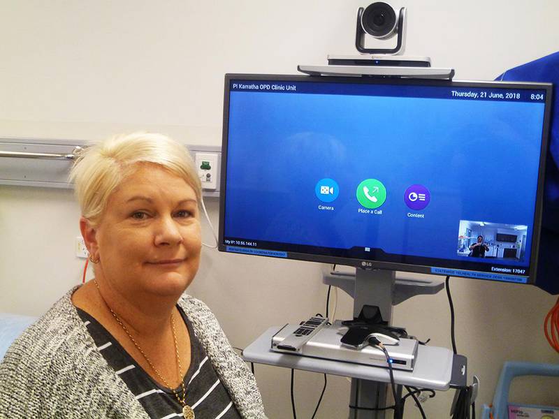 Telehealth-user Tania Veder, of Karratha, with one of the new videoconference units at Karratha Health Campus.