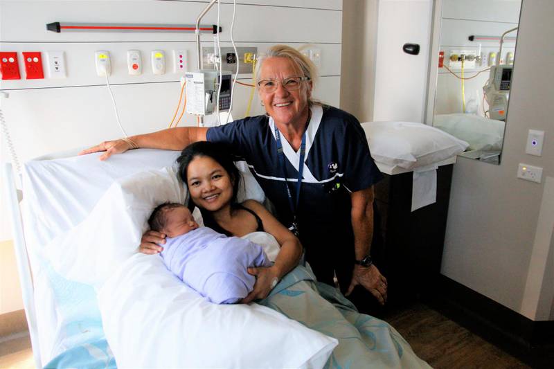 First baby born at Karratha Health Campus Nicholas Augustat, mum Wanwasa and midwife Heidi Wieland