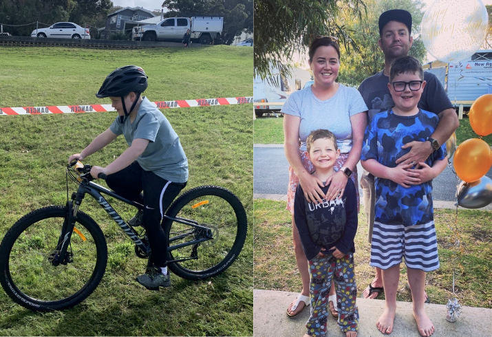 One picture of nine year old Jake Millar riding on his bike and a second picture of Jake with his parents and younger brother.