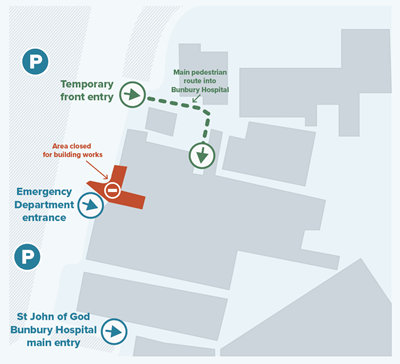 Map of temporary front entry at Bunbury Hospital