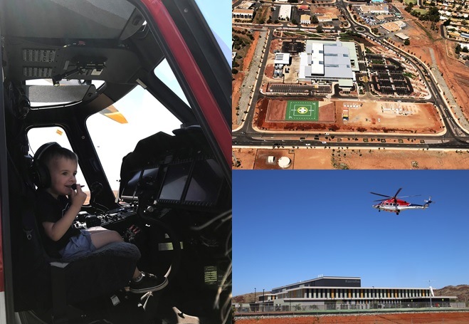 3 year old Noah Faull 'pilots' the test flight; an aerial view of the new Karratha Health Campus and helipad; CHC helicopter during the test flight.